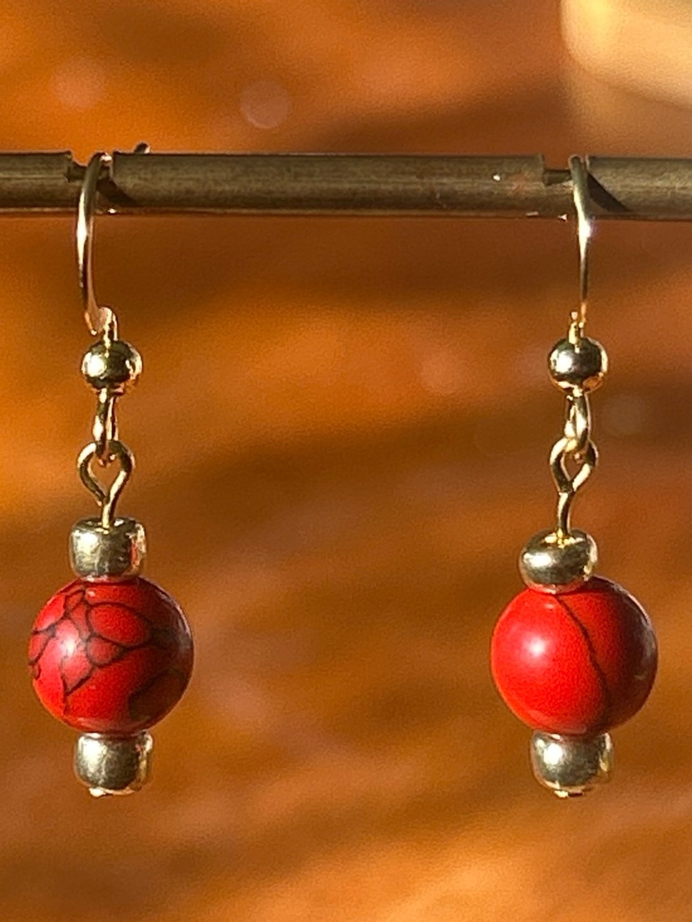 Gold-Tone Red Bead Dangle Earrings